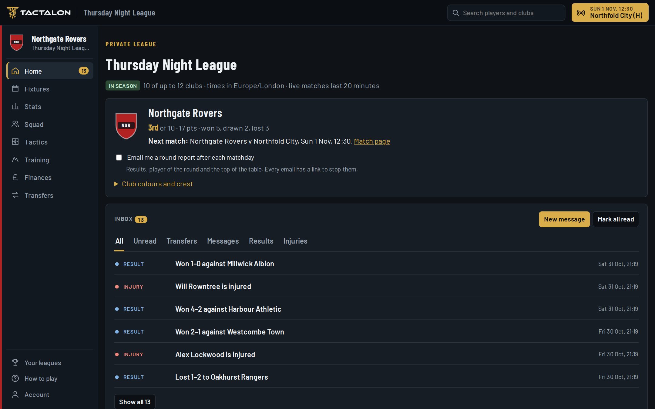 The club's home screen: position in the league, next match and the inbox