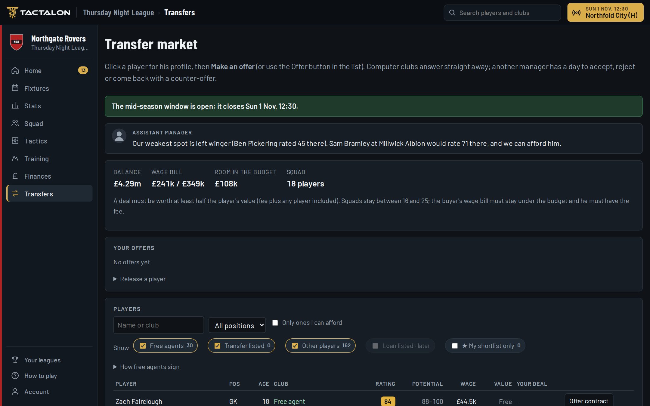 The transfer market: budget, offers and a list of players with ratings and values