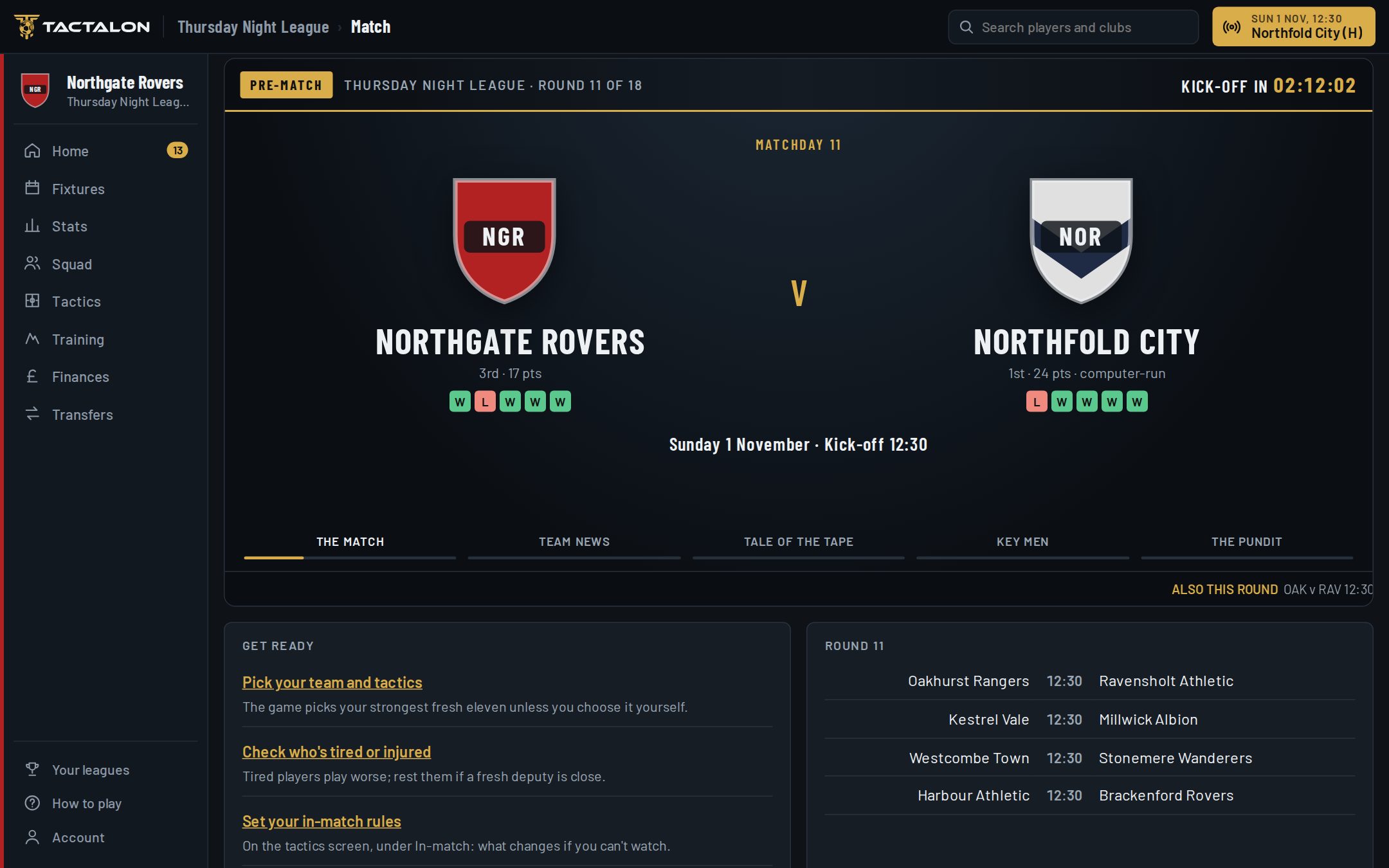 The pre-match build-up: both clubs' crests, position and form, and a get-ready checklist