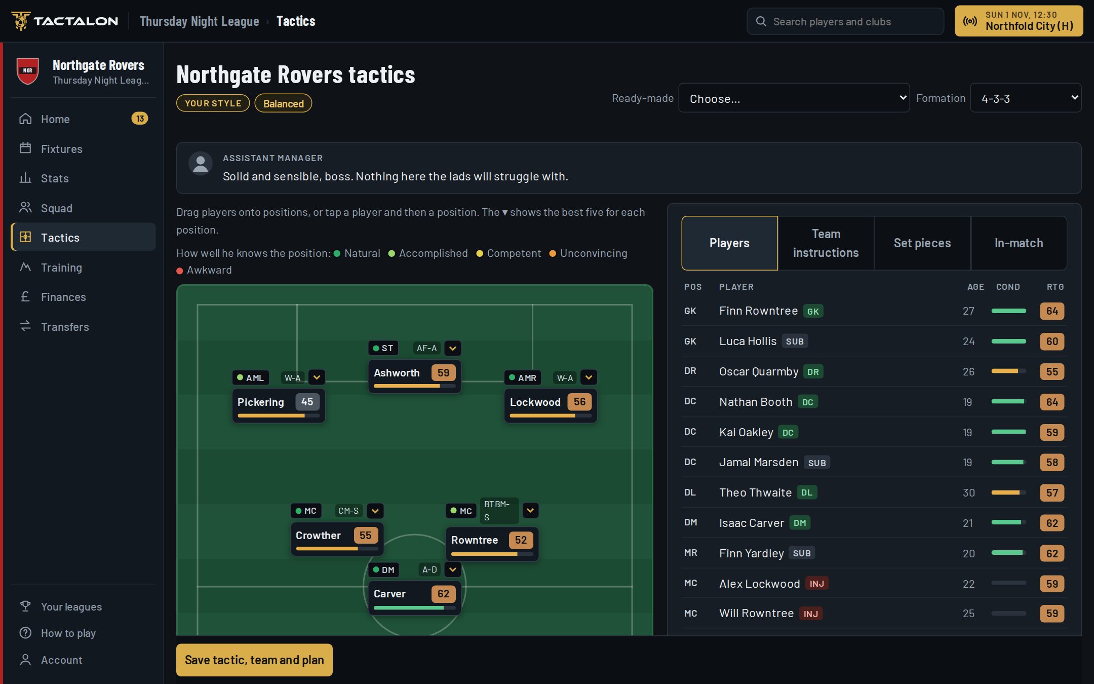 The tactics screen: the team on a pitch with roles, the squad list and instructions