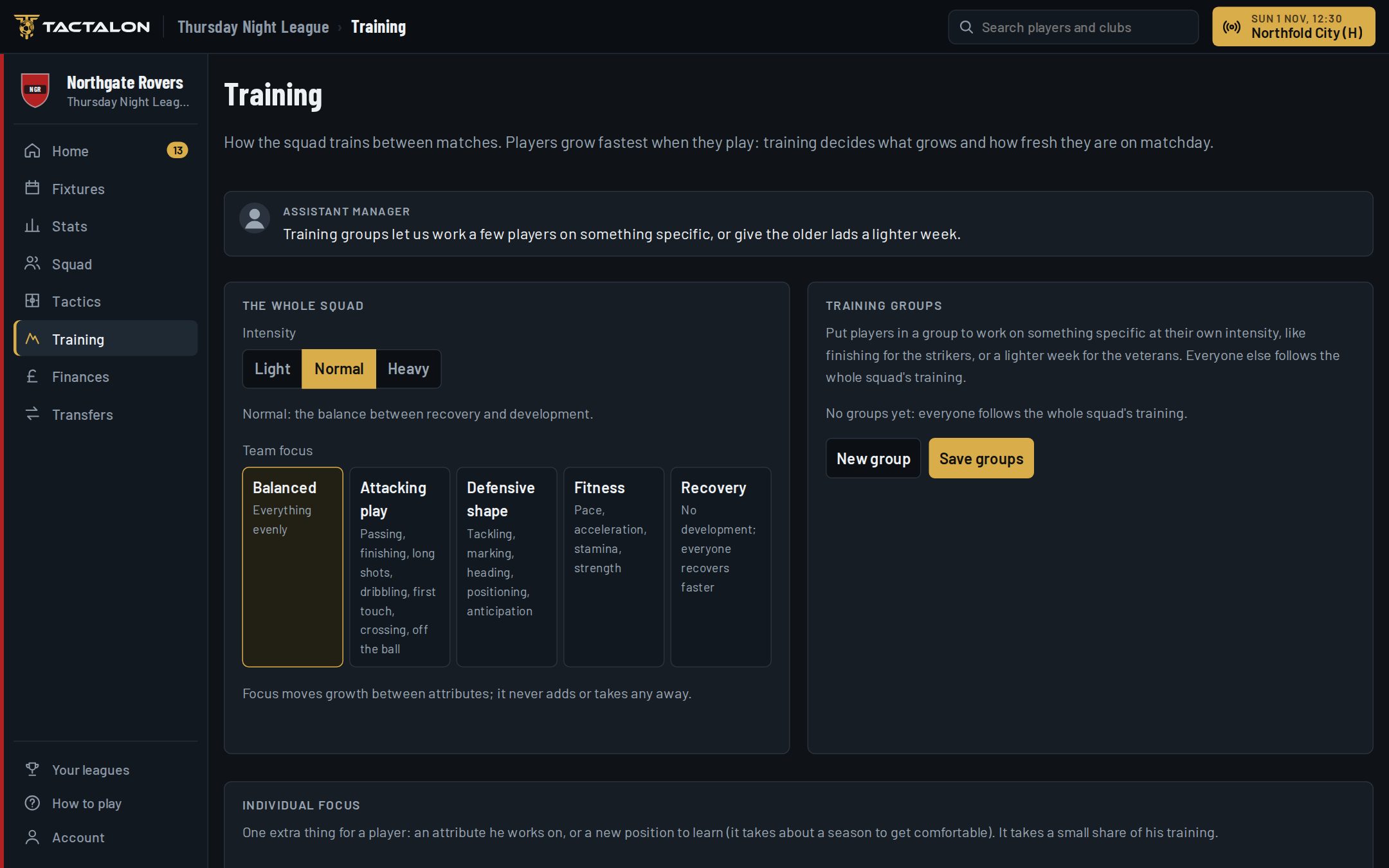 The training screen: intensity, team focus and training groups